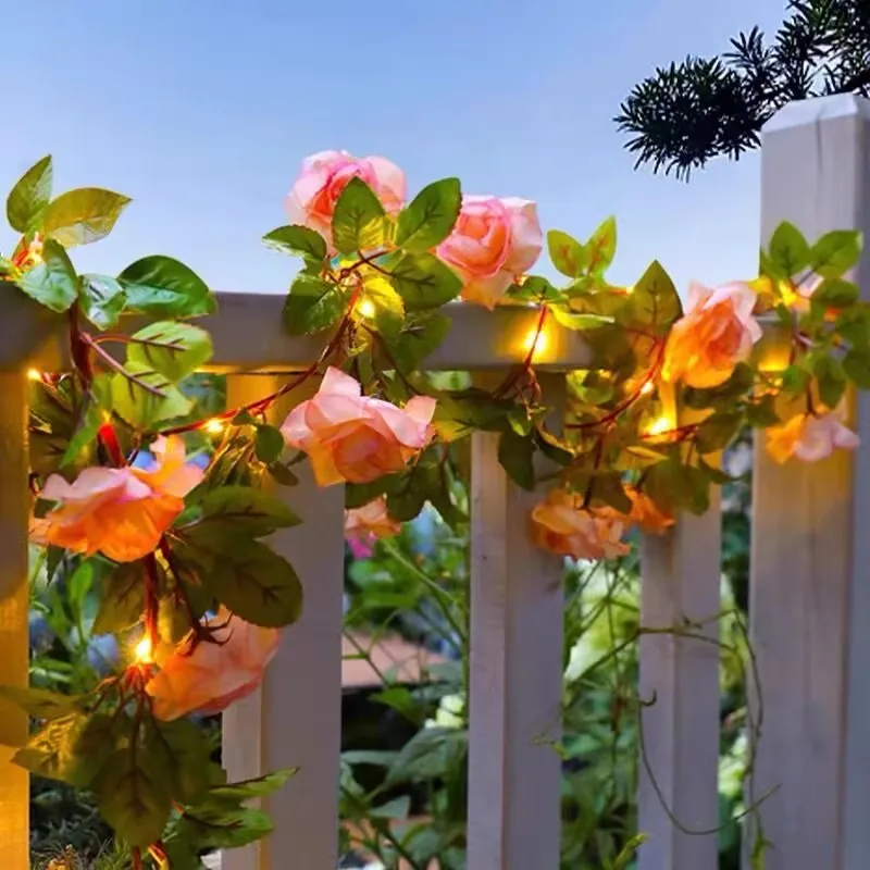 Outdoor Pink Rose LED Solar Light 2M/5M/10M Artificial Flower Hang String Light Christmas Patio Party Decor Garland Fairy Lights