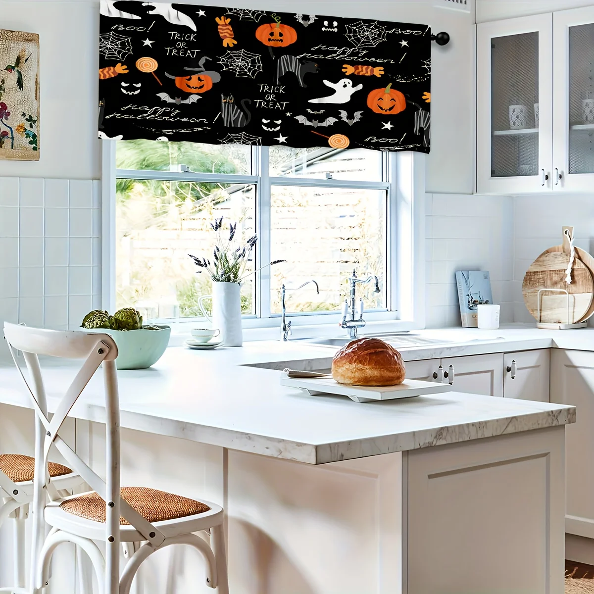  Halloween Kitchen Curtains with Pumpkin Ghost Bat Spider Web, Black Background Cartoon Spooky Cute Style for Halloween