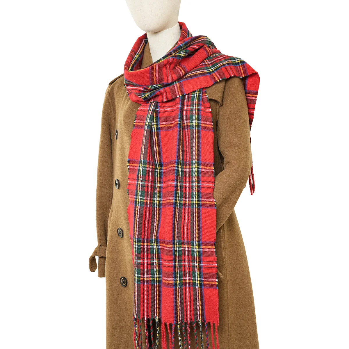 A cashmere plaid scarf with soft and warm texture, classic winter red and green plaid unisex scarf shawl