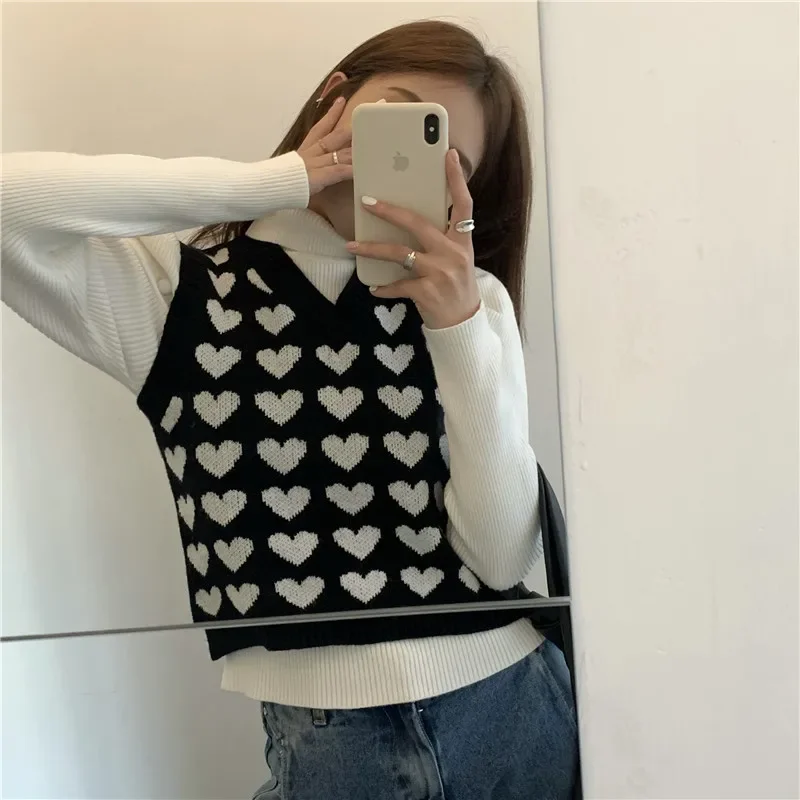 Y2k Women Vest Heart Patchwork V-Neck Pullover Female Clothing Korean Fashion Student Sleeveless Women\'s Sweater Harajuku