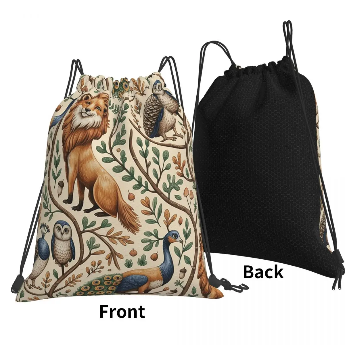 Whimsical Woodland Animals Peacock Lion Owl Fox Seamless Pattern Backpacks Drawstring Bundle Pocket Sports Bag Book Bags