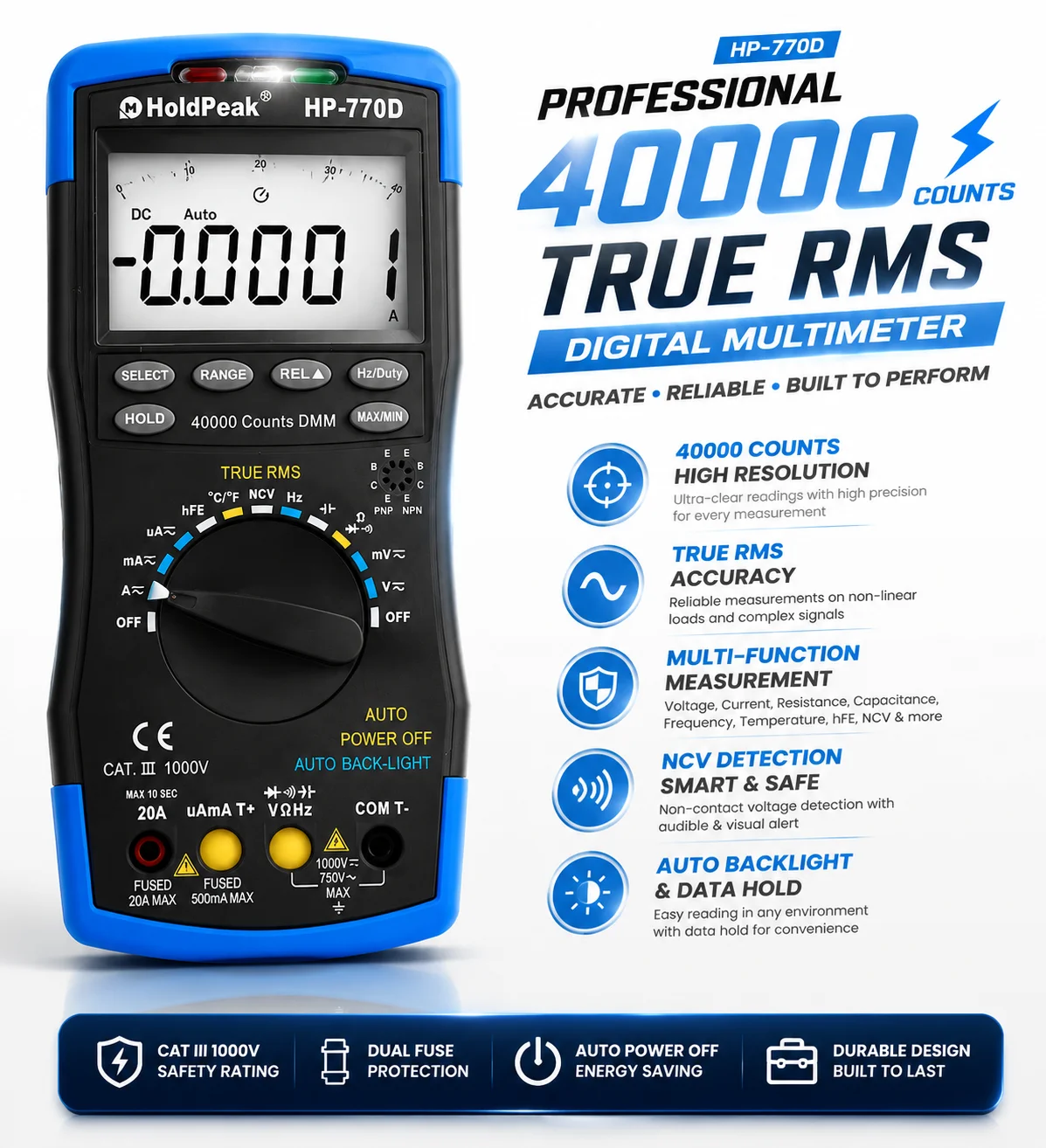 HoldPeak – multimètre numérique haute précision, plage automatique, True RMS, 40000 comptes, testeur de tension, courant Ohm