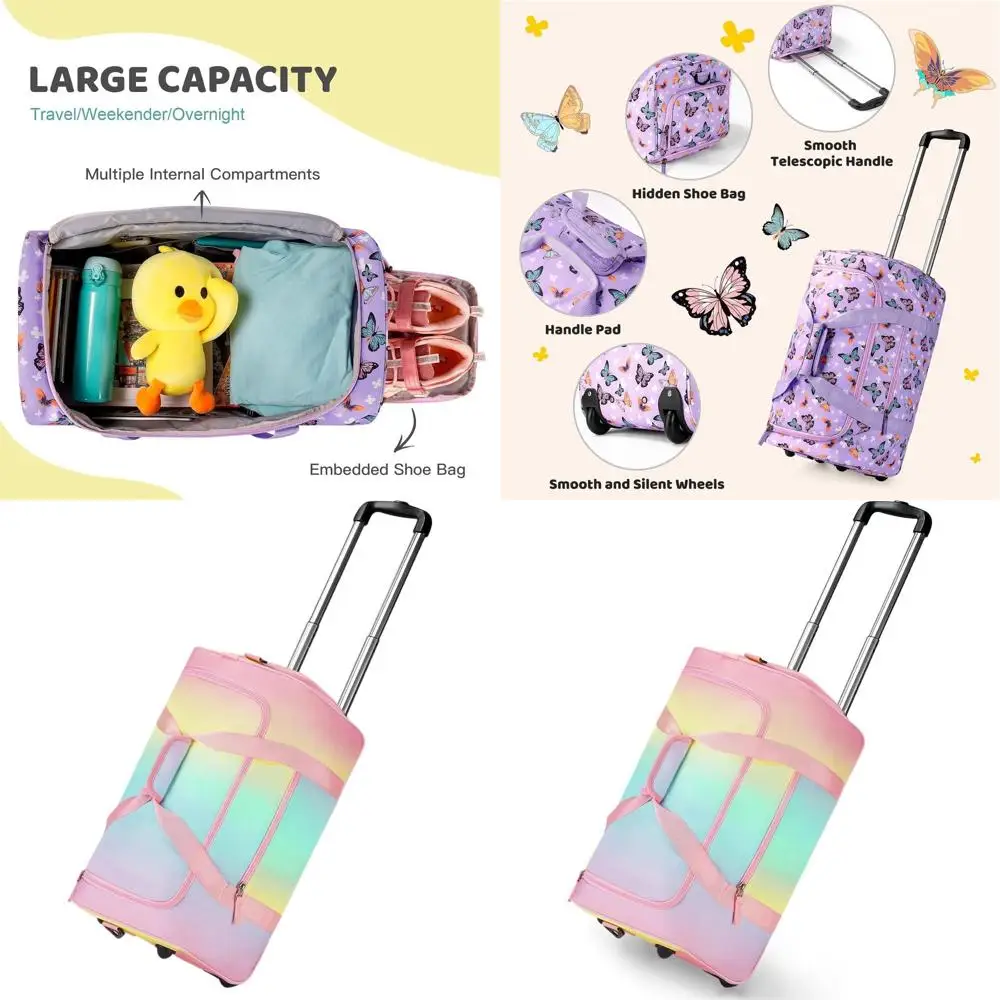 

22 Pink Rolling Suitcase with Wheels for Girls, Purple Duffle Bag for Travel & Camping