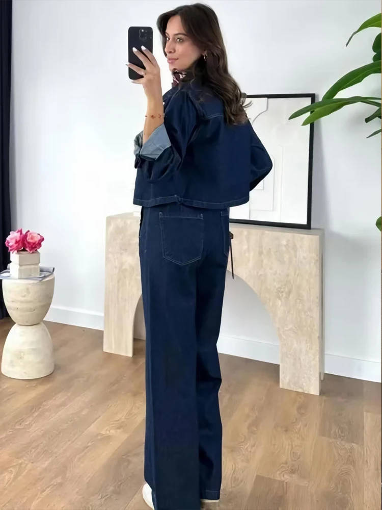 HXAO Set Denim Set Jeans Wanita Denim 2 Potong Set Celana Panjang Wanita Pakaian Jalanan Pakaian Denim Dua Potong Set Jaket Atasan Denim Wanita