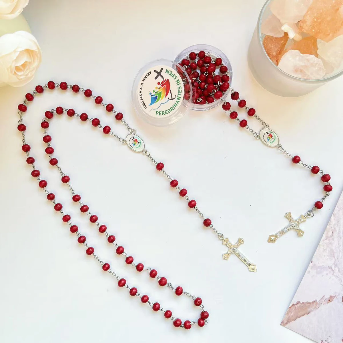 Rosary  of 2025 Jubilee,  Party Favor Catholic Gifts with Box Rosary Beads Necklace for  New Year  Communion Party(Red,Holy)
