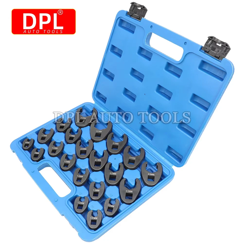 Jeu de clés à pied Crows 1/2 "et 3/8" jeu de clés à pied-de-biche à écrou évasé d'entraînement métrique 8-32mm jeu de clés à pied à 6 points 21 pièces