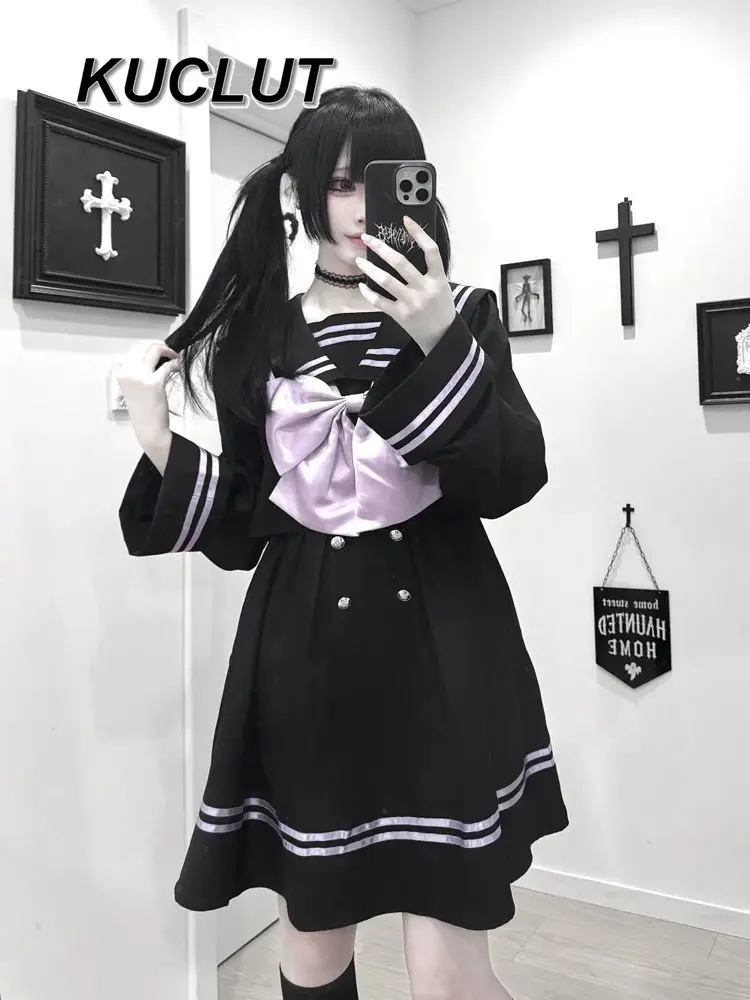 

Spring Autumn Long Sleeve Dresses Japanese Style Subculture Sailor Navy Collar Black Purple Big Bow Patchwork Casual Short Dress