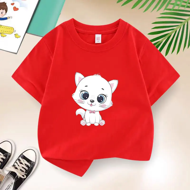 T-shirt simpatico gatto per ragazze T-shirt per bambini in cotone Casual Abbigliamento casual per bambini Adolescente Neonata Cartoon Y2K Top 6 8 10 12 anni