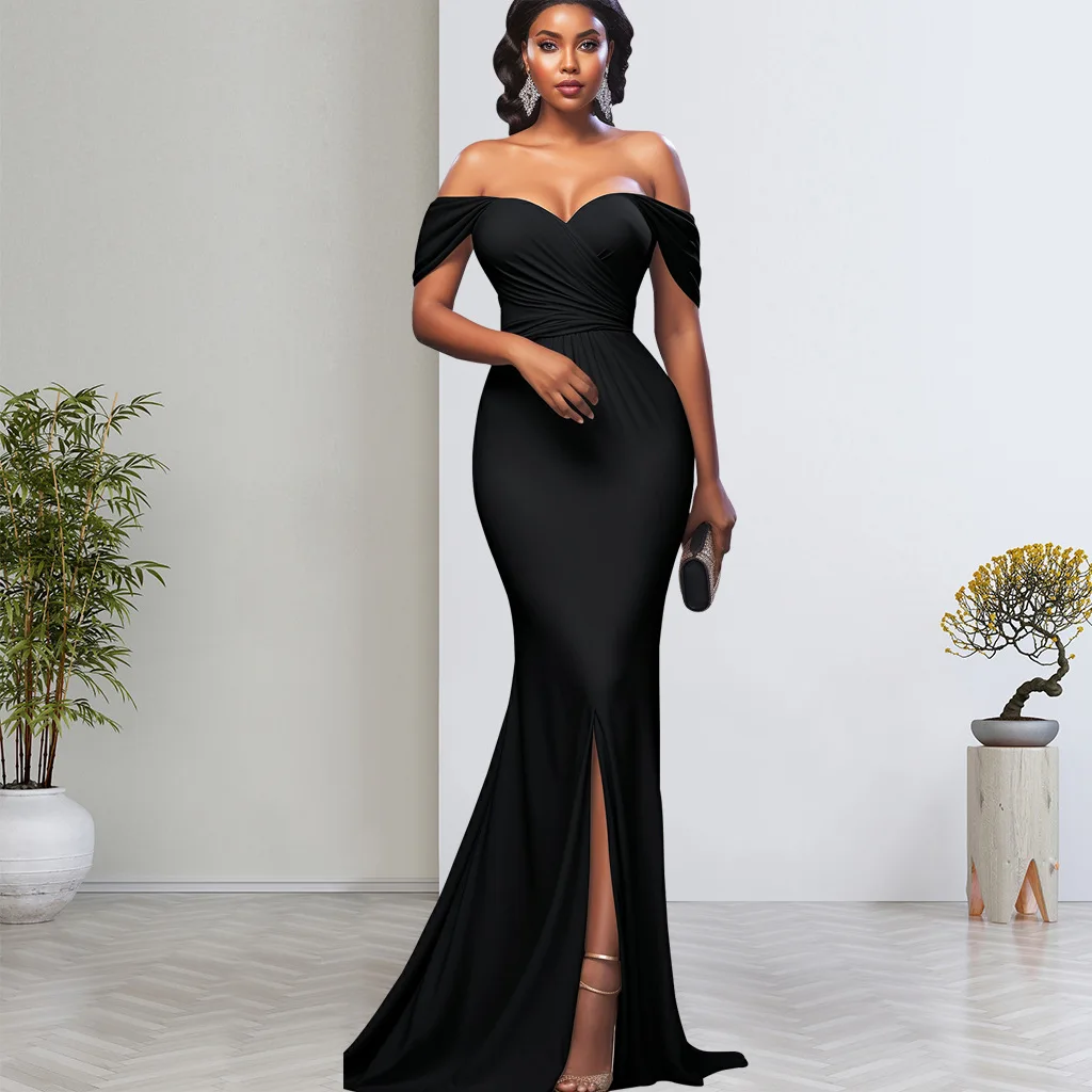 Vestido de noche largo de poliéster para mujer, traje Formal de sirena con abertura lateral, elegante, de lujo, para fiesta de boda, talla grande, 2024