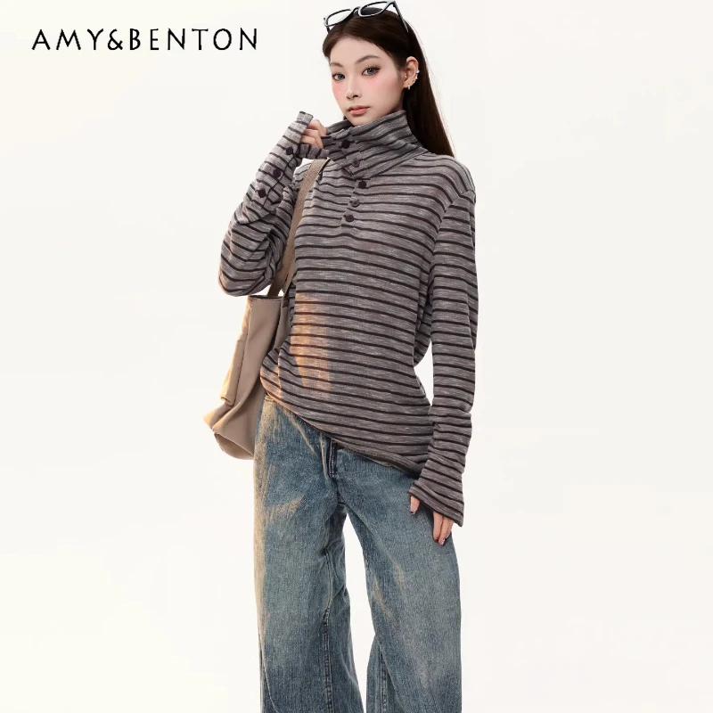 

Vintage Design Striped Stand Collar Knitted Women's Top 2026 Spring New Commuter Loose Versatile Long Sleeve T-Shirts Ladies