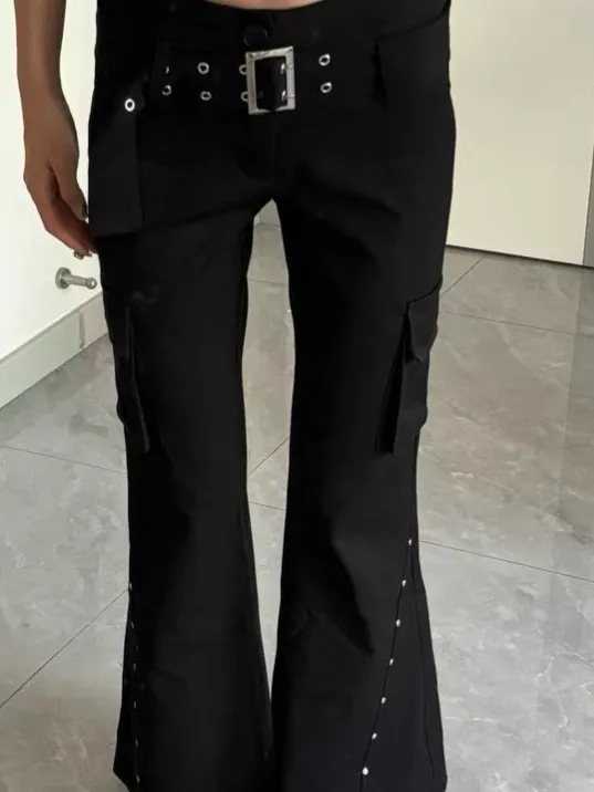 

Ретро готический черный ремень с заклепками, тонкие расклешенные джинсы, женские Y2k Harajuku, готические джинсовые брюки с низкой талией, уличная одежда, повседневные брюки