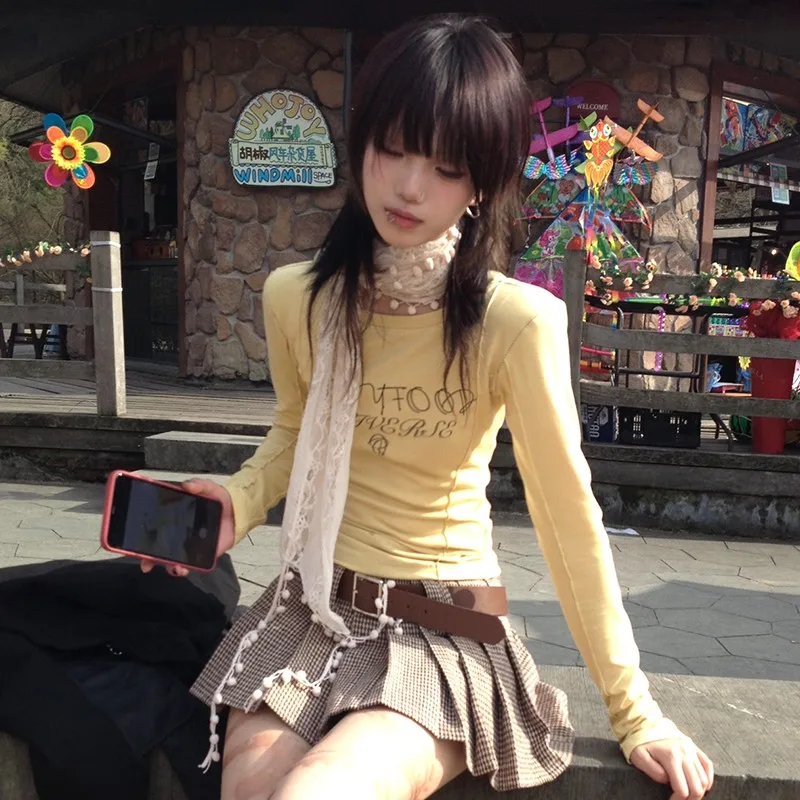 Karrram Japanese Y2k Letter Print T-shirt Vintage Harajuku Yellow Crop Top 2000s Style Aesthetics Long Sleeve T Shirt Fairycore