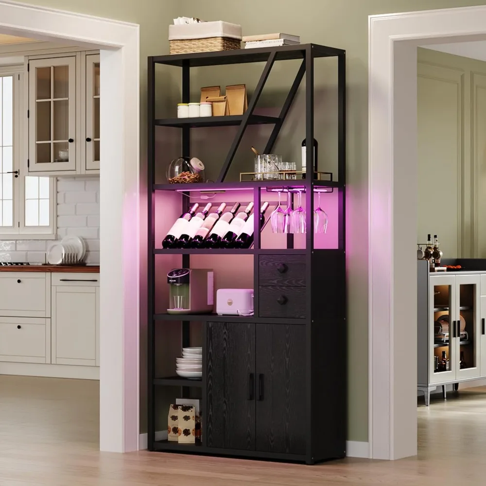 

Wine Bar Cabinet with Storage, Liquor Cabinet with Glass Holder & LED Lights, Sideboard Home Bar for Living Room