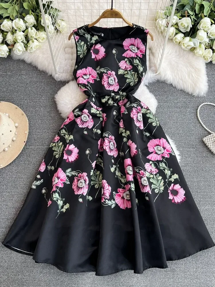 Retro Black Floral Printed Sleeveless Slim Long Prom Party Dress Birthday Wedding