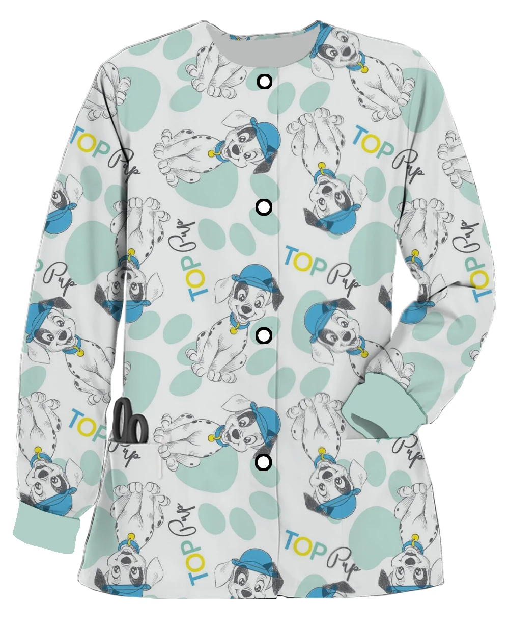 Spring Disney Dalmatians Work Uniform Cardigan Round Neck Pocket Warm Scrub Jacket Nurse Care Worker Cartoon Coat