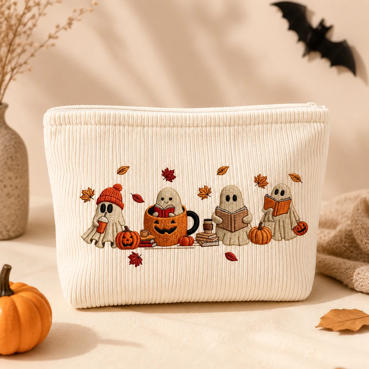 Halloween Ghost Makeup Bag Printing Corduroy Cosmetic Pouch for Women Autumn Travel Toiletry Bag Zipper Organizer Storage
