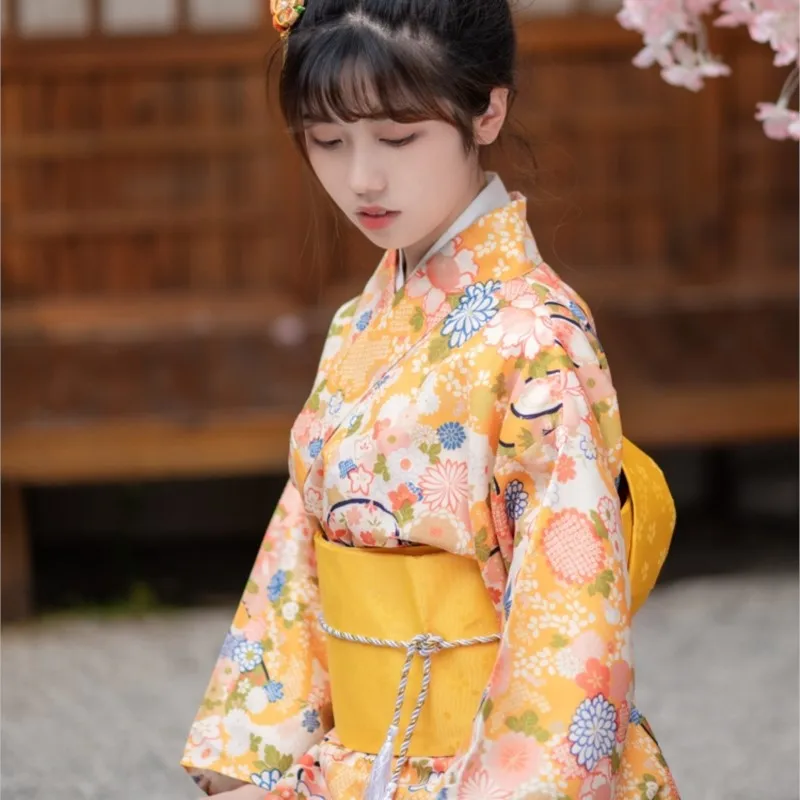 High Quality |Japanese Style Bathrobe Yellow Small Fan Cute Girl Kimono Blossom about Photography Clothes