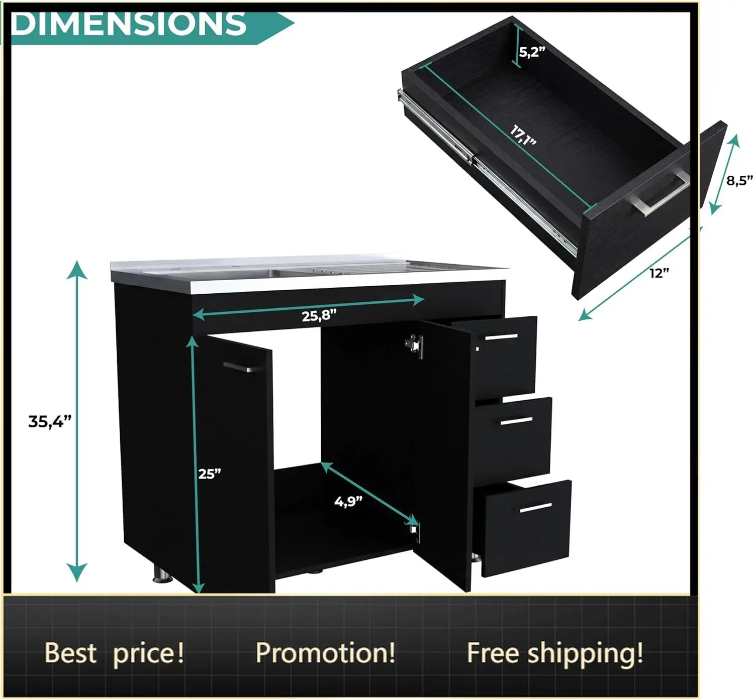 

Ferretti Utility Sink Base Cabinet with Stainless Steel Countertop, Three Storage Drawers, Double-Door Cabinet and Integrated Fa