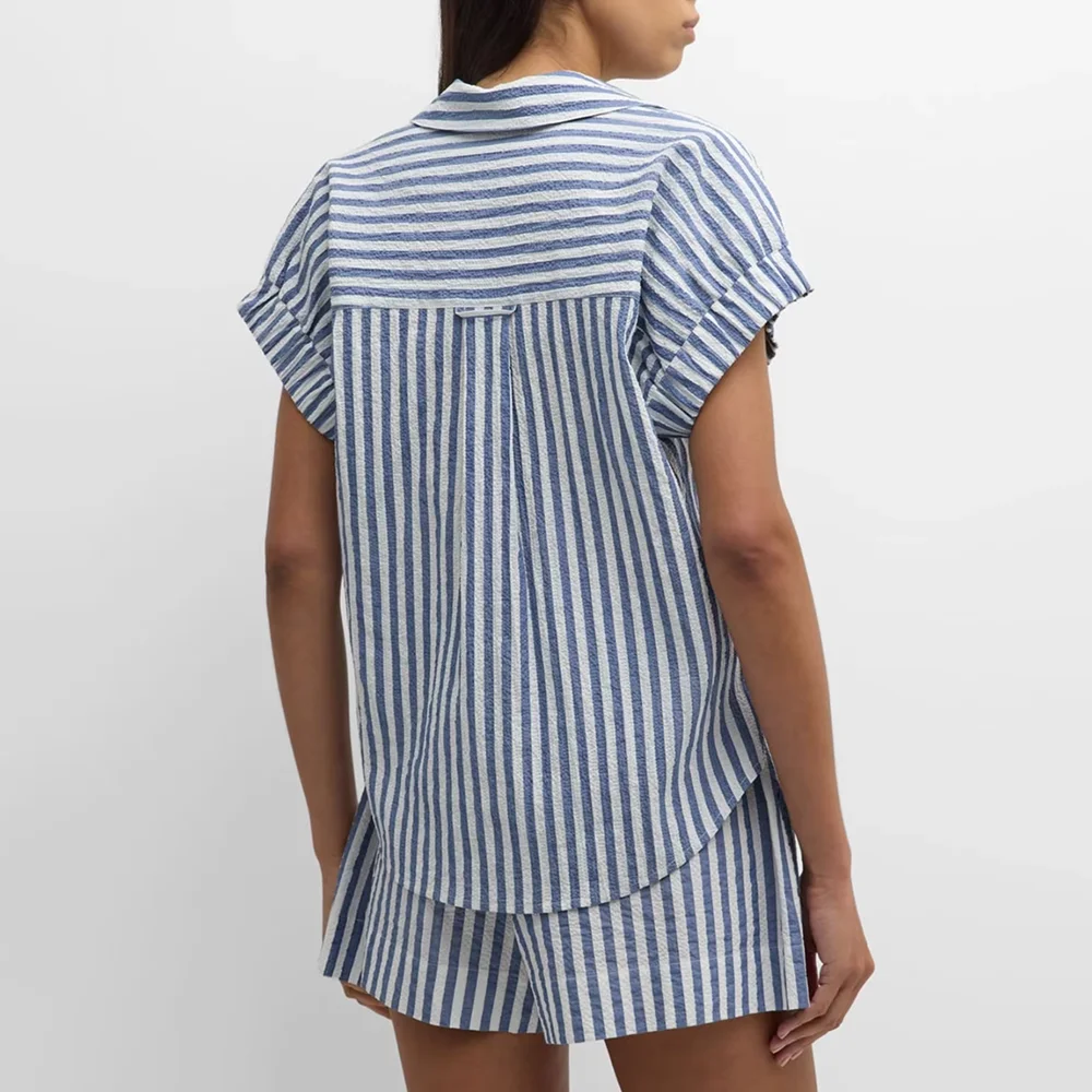 2025 Summer Short-Sleeved V-Neck Striped Blue/White Shorts Set Daily Office Casual Women's Set