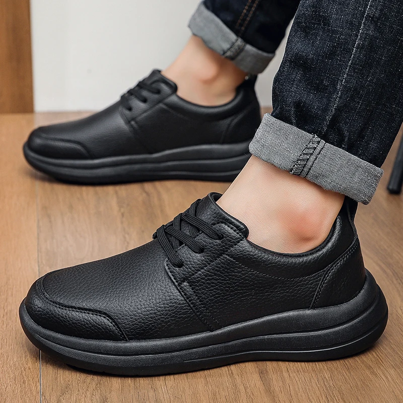 أحذية رياضية كاجوال جلدية مقاومة للماء للرجال أحذية رياضية سوداء، مقاس كبير 48 49 50، أحذية مشي مريحة برباط #4