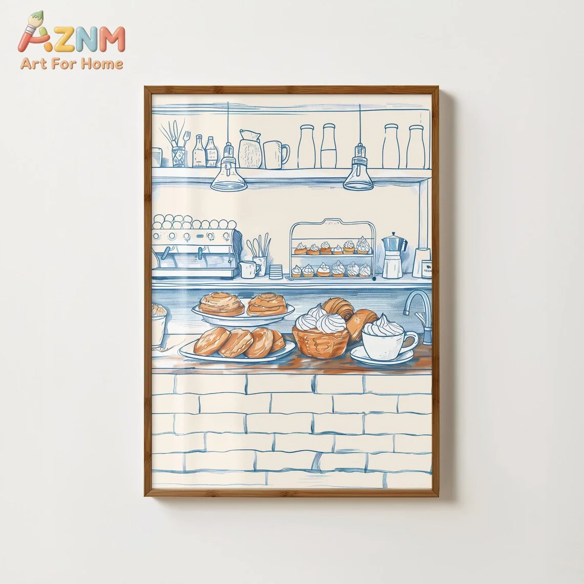 Kitchen Bakery - AZNM ภาพพิมพ์บนผ้าใบแบบไม่มีกรอบ สีฟ้า สเก็ตช์ ร้านกาแฟ ศิลปะติดผนัง