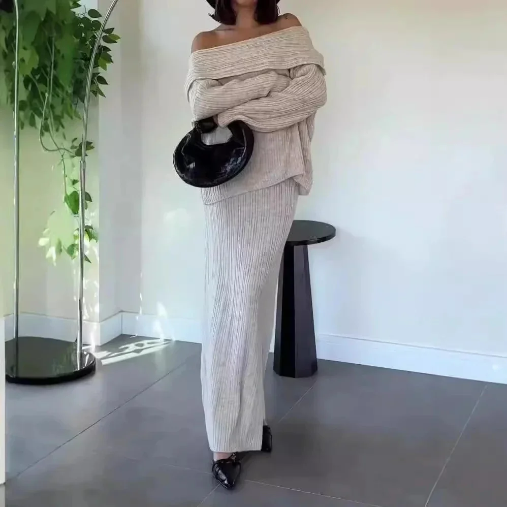 Elegant Women Solid Off Shoulder Sweater Long Skirt Suits Chic Full Sleeves Crop Top High Waist Slim Skirts Autumn Lady Outfits