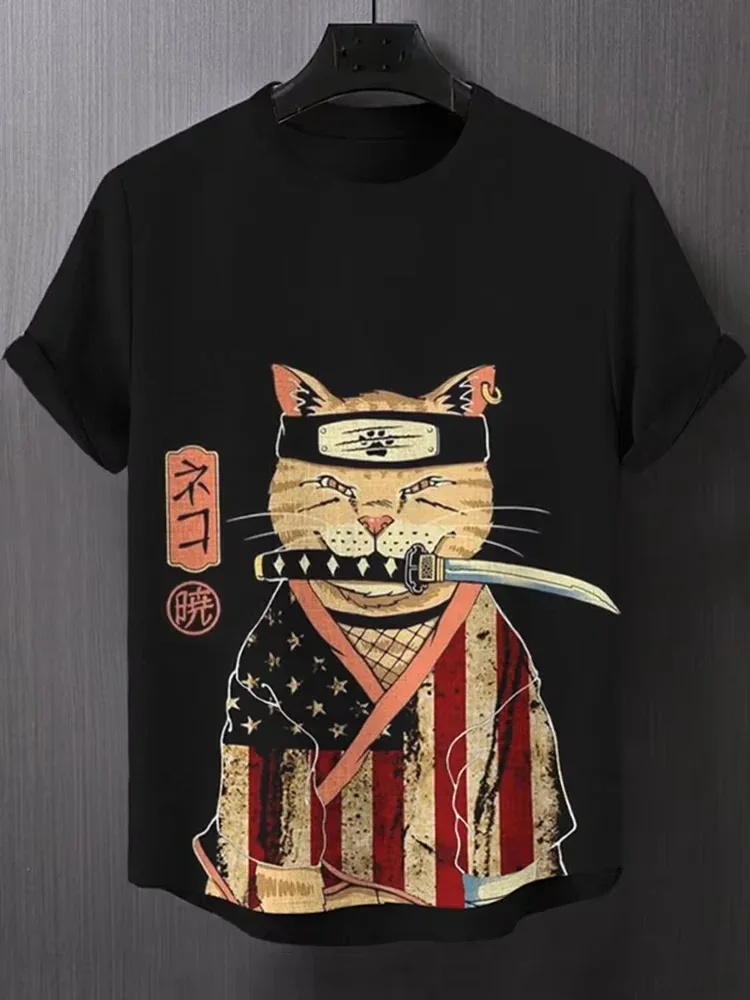 New Men's Crew-Neck Short-Sleeve T-Shirt Samurai Cat Printed T-Shirt Casual Fashionable Relaxed Fit Tops