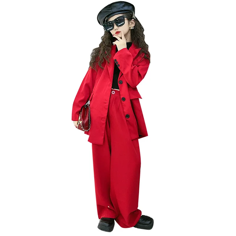 Suit for Girls Red Loose Casual Blazer Wide Leg Pant Two Pieces Teenage Children's Outfits 12 13 14 Years Fashion Kid's Costume