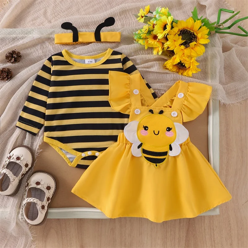 Baby Girls Autumn Skirt Sets Flying Sleeve Romper Bee Beetle Embroidery Suspender Dress Headband Sets