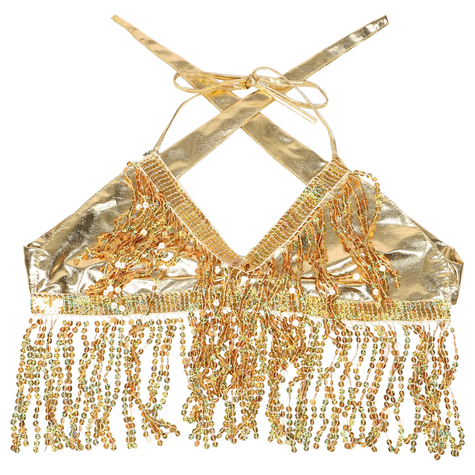 

Sequin Tassel Crop Top Fringe Halter Bra Glitter Dance Costume Halloween Party Festival Clubwear Belly Dance Performance Sparkly