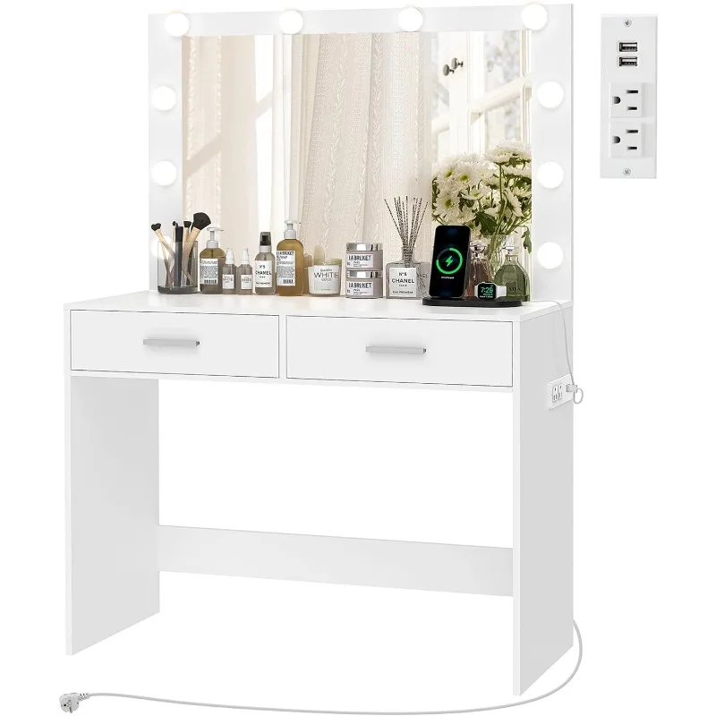 

Vanity Desk with Large Lighted Mirror, Makeup Vanity with 10 Lights, 2 Drawers & Power Strip, Vanity Desk Set, Dressing Tables