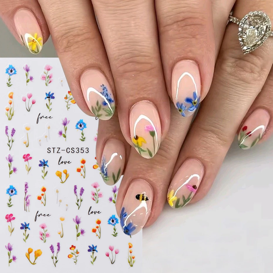 2 pcs 3D Colorful Wild Flowers Nail Stickers Mini Multi-styled Florals Adhesive Charms for Nails Spring Summer Petals Nail Decor