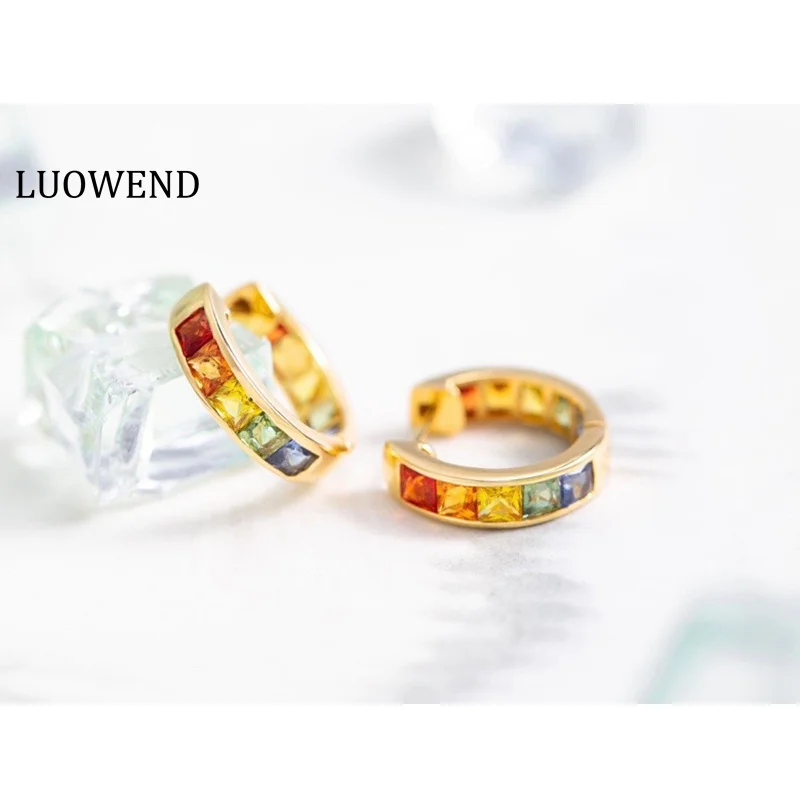

LUOWEND 100% 18K Yellow Gold Earrings Elegant Rainbow Style Natural Color Sapphire Hoop Earrings for Women High Wedding Jewelry