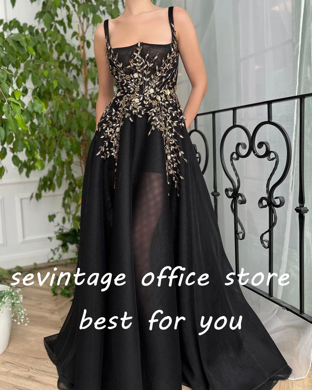 Sevintage Black Tulle Prom Dresses Beading Crystal Sequined Spaghetti Strap A-Line Long Evening Gowns Wedding Party Dress 2022