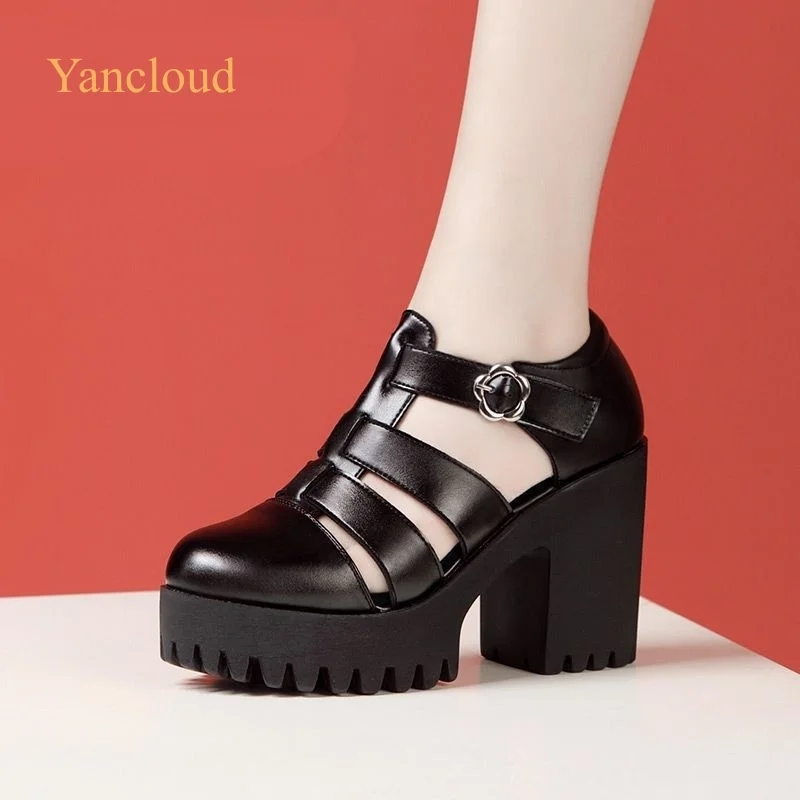

8cm 10cm Small Big Size 32-43 Comfortable Genuine Leather Sandals Platform Shoes 2026 Block High Heels Gladiar Sandals Office