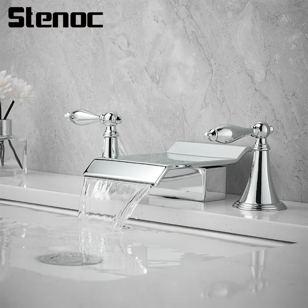 

Nordic Style 3 Hole Bathroom Sink Faucet Deck Mounted Widespread Basin Faucet Dual Handles 3 Pcs Mixer Tap Hot Cold Water Tap