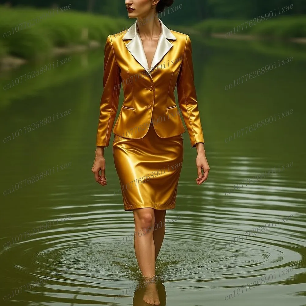 

New Gold Acetate Satin Women Suits Lady Prom Formal Business Tuxedos Mother Wedding Party Ladies 2 Piece Set Jacket Pants