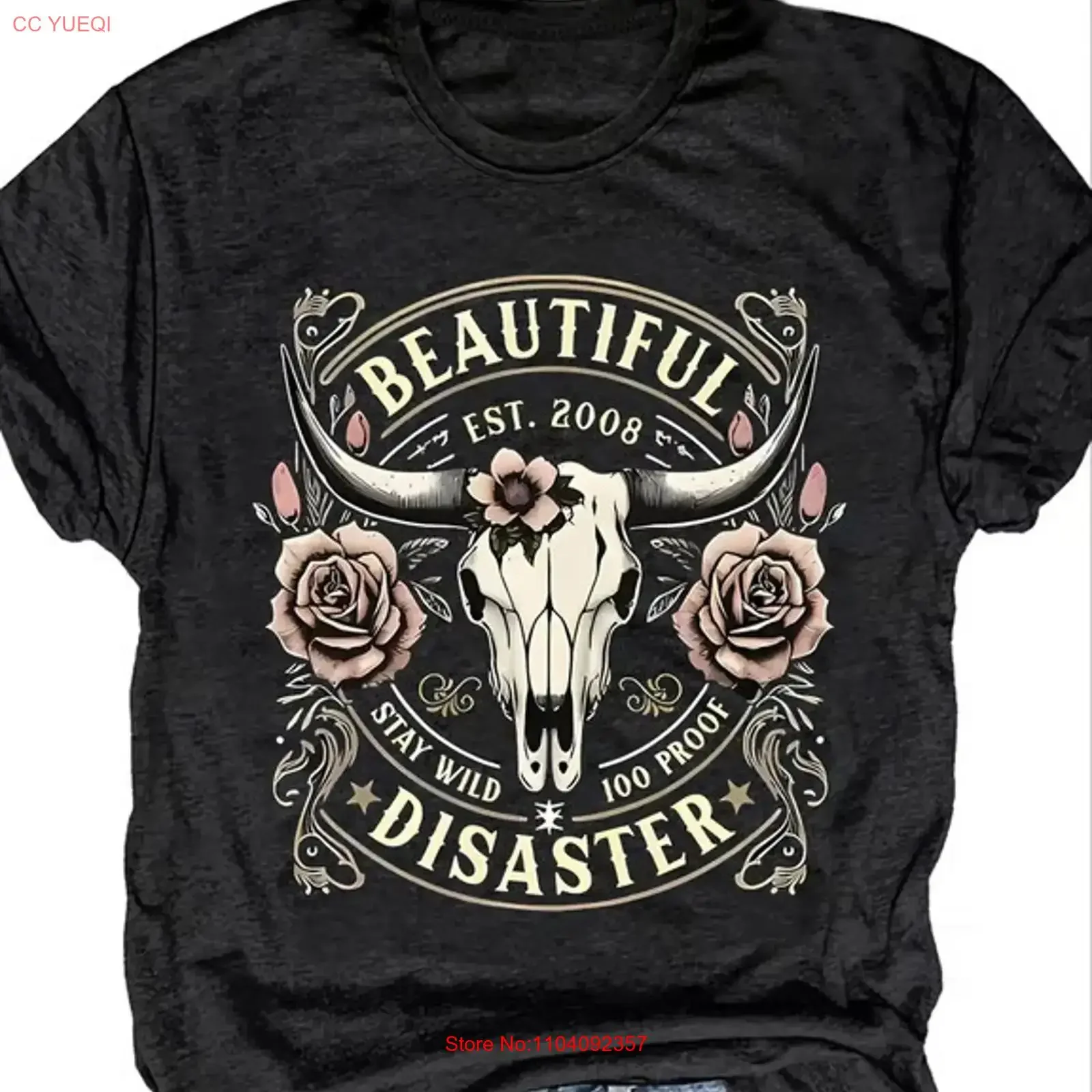 Vintage Western Bull Skull Floral Print Women's T Shirt vintage Washed Top For Everyday Wear Soft graphic Comfortable homme