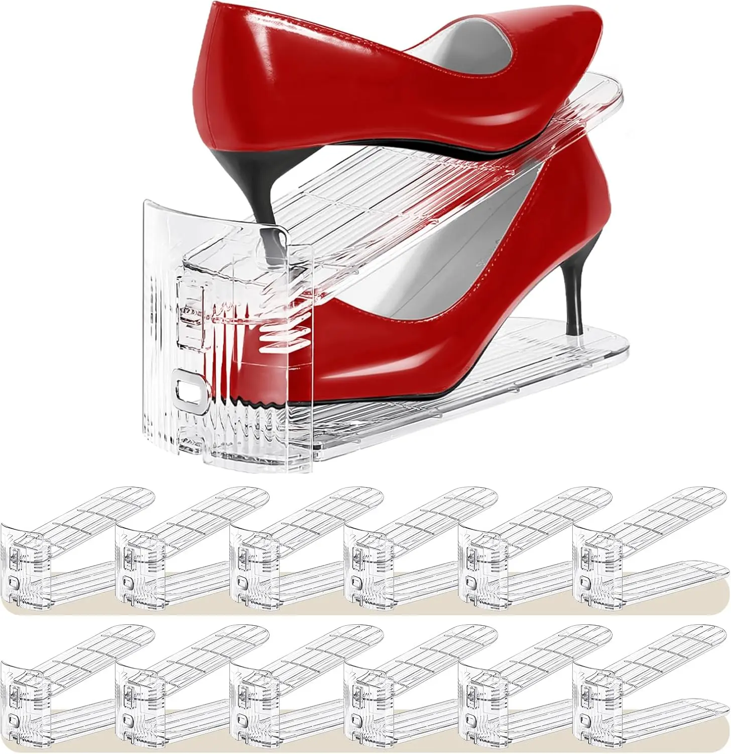 

Shoe Slots Organizer 12 Pack - 3-Level Adjustable, Double Layer, 50% Space Saving, Transparent Closet Storage