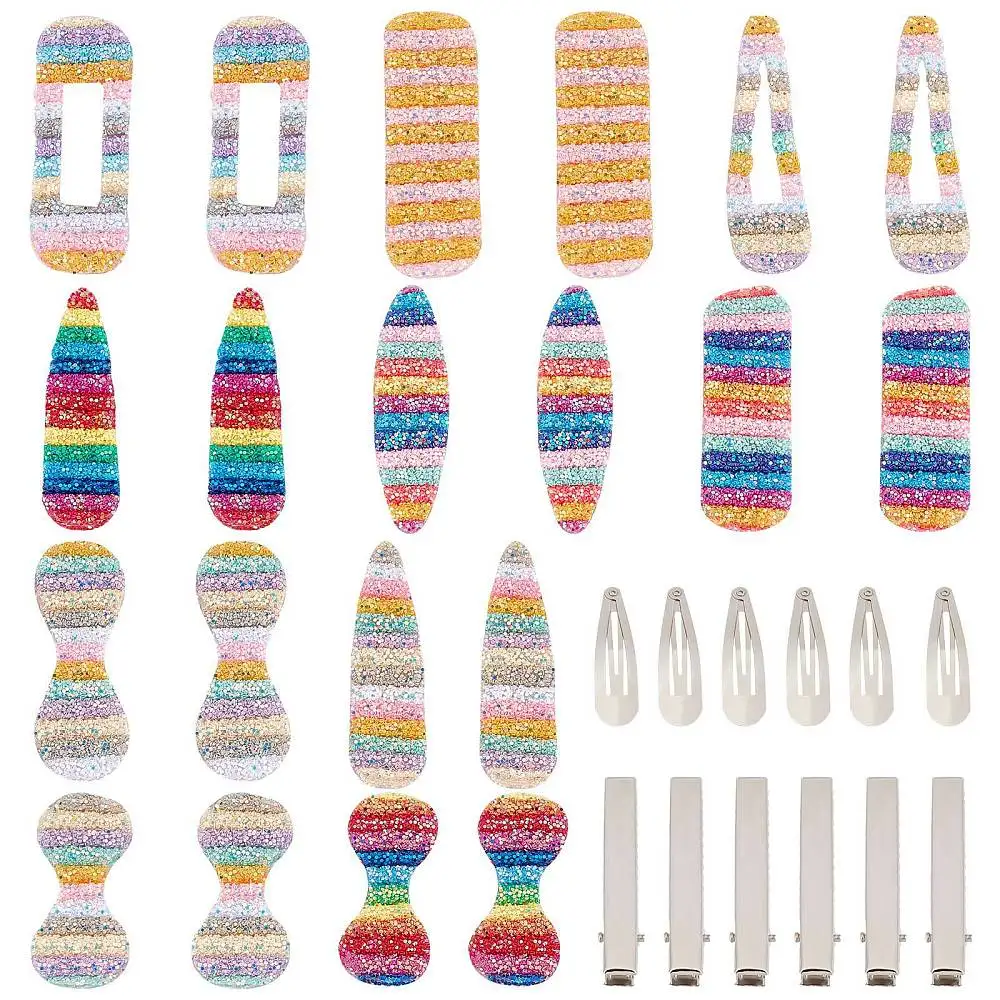 1 Box 40Pcs DIY Rainbow Hair Clips Kit Fabric Costume Accessories Cabochon Flat Back Teardrop Oval Cabochon Flat Hair Clip