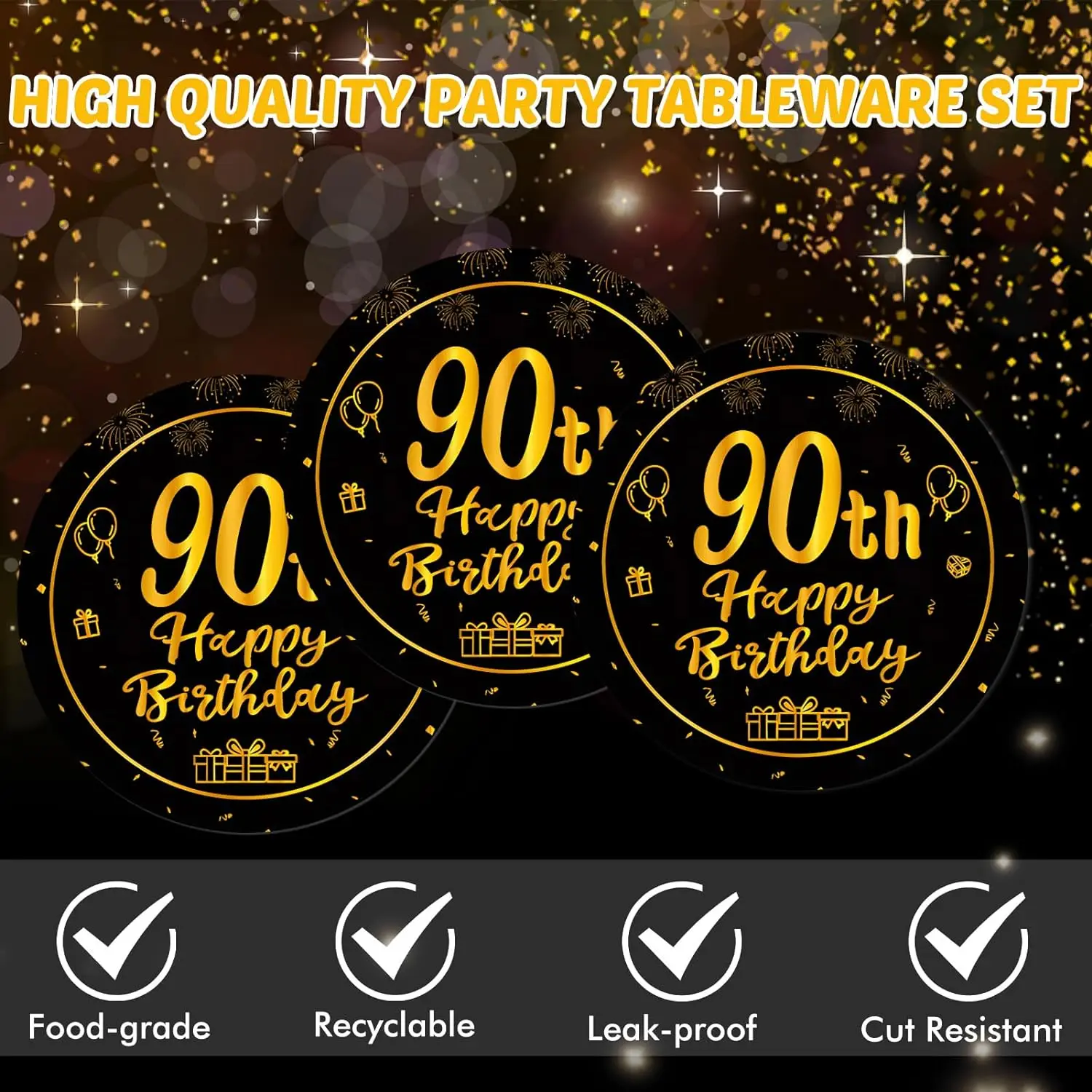 90th Birthday Decorations 90th Theme Party Tableware Vintage 1934 Party Supplies 90 Year Old Birthday Party Plates Napkins Black