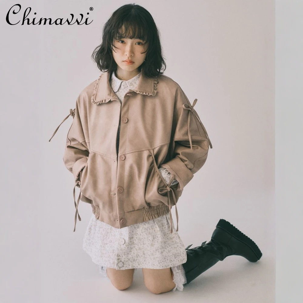 

Свободная плиссированная куртка с рюшами на воротнике в японском стиле и бантом, весенняя мода, повседневное кожаное пальто с длинными рукавами для милых девочек