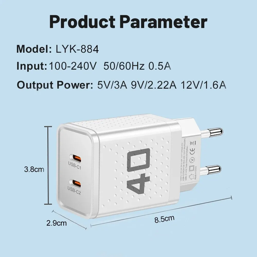 Dual PD 2 Ports USB C Chrager Fast Charger Type C For Xiaomi 12 iPhone 13 14 Pro Realme QC3.0 Type C Fast Charging