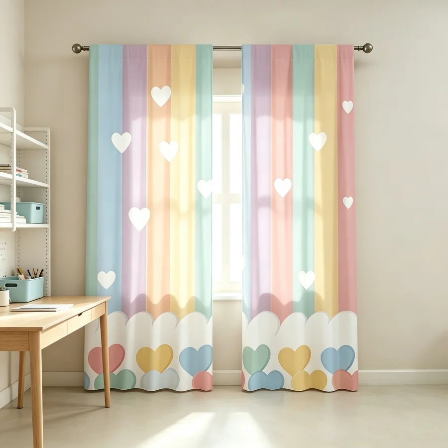 2PCS Digital Print Curtain, Colorful Rainbow Stripes with Hearts Clouds, Dreamy Kids Room Style for Living Room Bedroom Decor