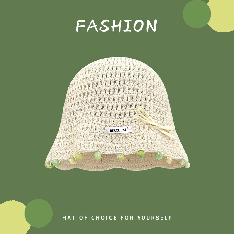 

Ins Fashion Color Beaded Hand Crocheted Bucket Hats Women Spring and Summer Travel Breathable Sunscreen Versatile Basin Caps