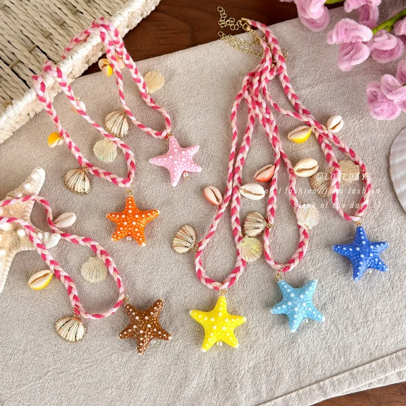 Summer Seaside Handwoven Starfish Shell Collarbone Chain Resort Vacation Beach Jewelry Premium Adjustable for Women Daily Wear