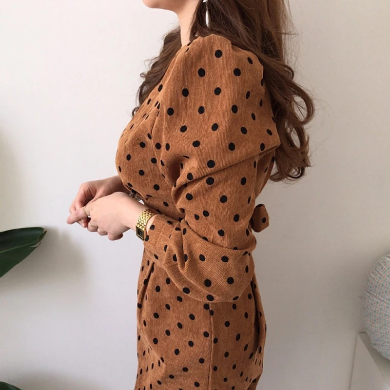 2023 Spring Summer Vintage Elegant Polka Dot Corduroy Dress Korea Fashion Long Sleeves Midi Dresses Women V-neck Slim Vestidos