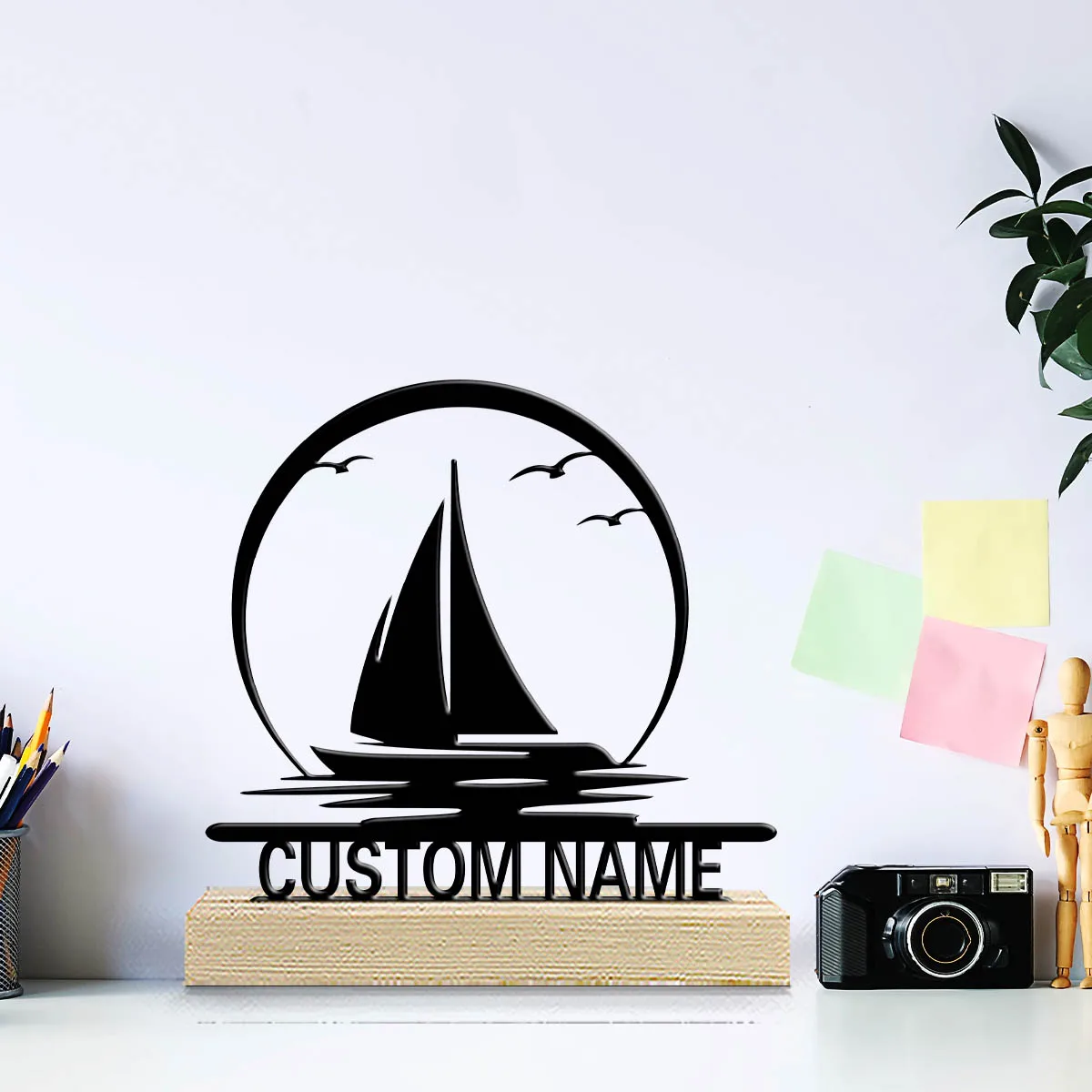 1pc Metal Desktop Ornaments and Decorations Custom Content Equipped with Wooden Base Room Decorations, Bar Counter Decorations