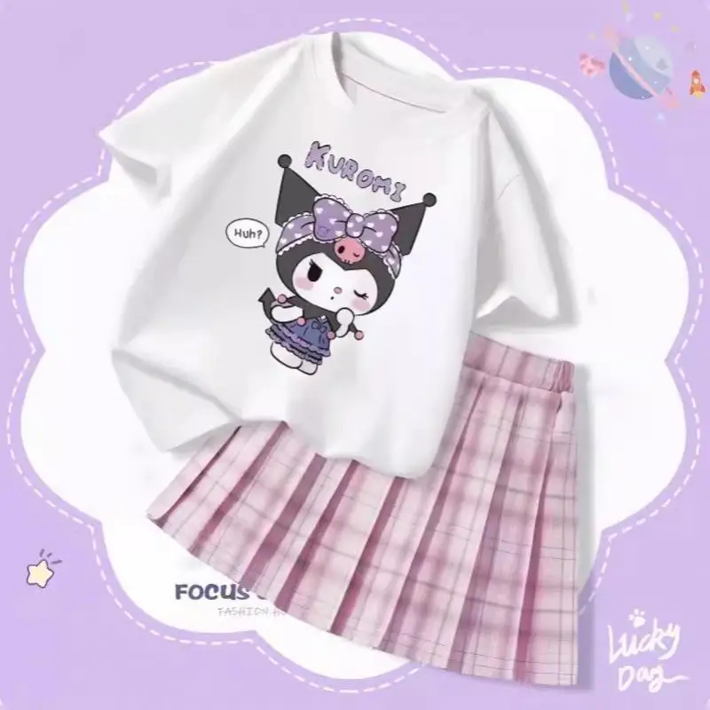 New Summer Kawaii Children Girls College Style Dress Anime Kuromi Kids Princess Short Sleeves Top Jk Plaid Pleated Skirt Gifts