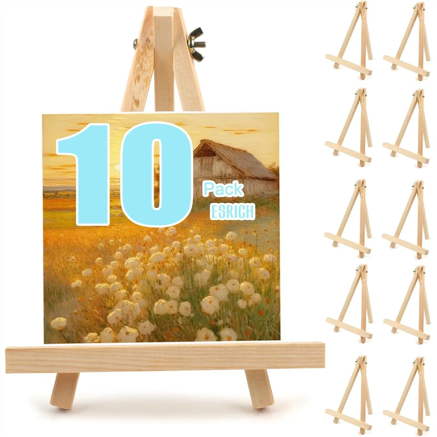 

10 Pack 9 Inch Wood Easels for Painting, Tripod Tabletop Easel Stand for Canvas Art, Portable Photo Holder for Kids Students